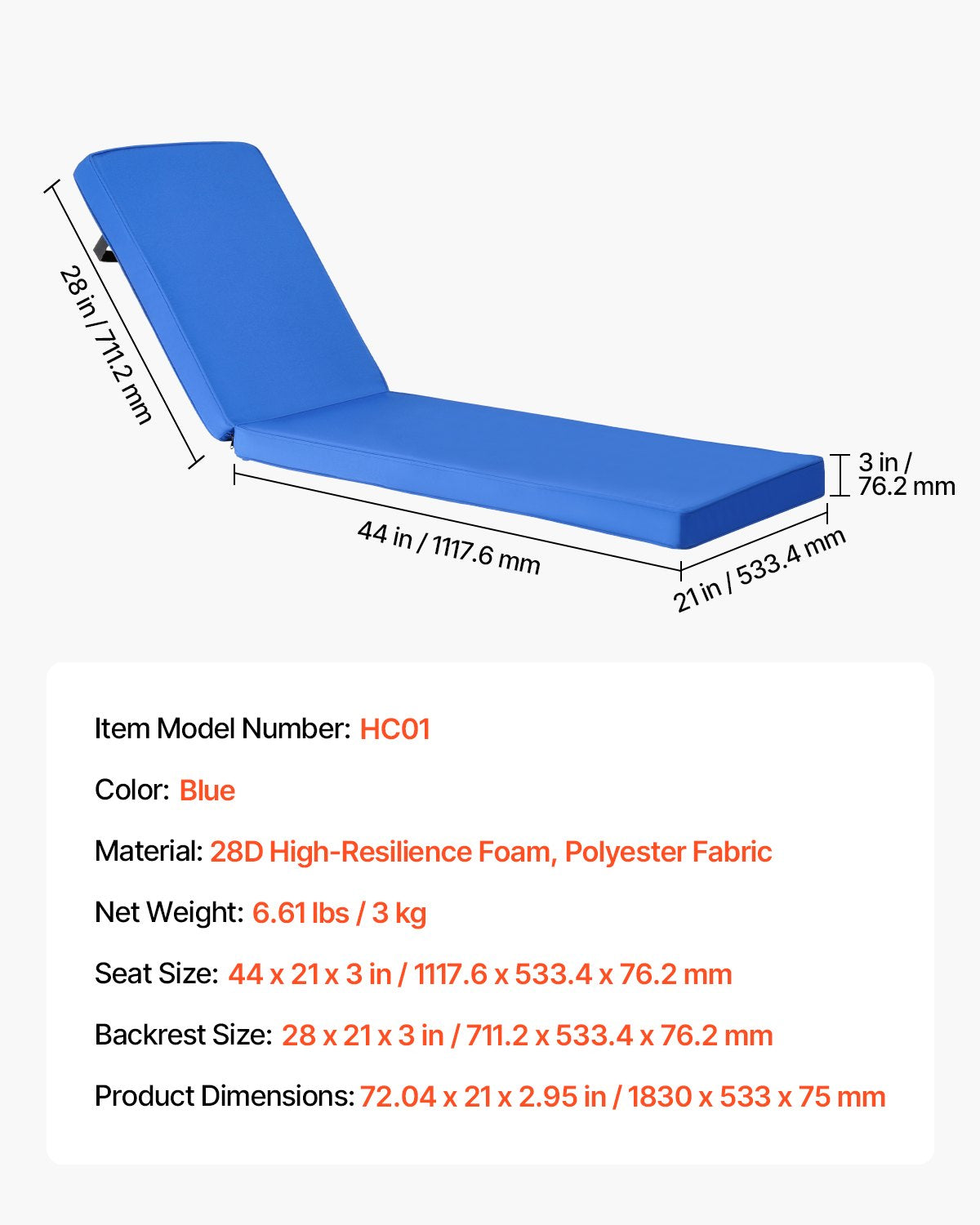 Liegestuhlkissen, 183 x 53,3 x 7,5 cm, wasserfest und farbecht, Ersatzkissen für Sonnenliegen mit Bändern, Terrassen- und Gartenliegenauflage, blau