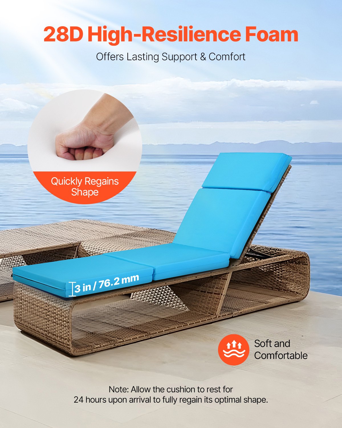 Liegestuhlkissen, 183 x 53,3 x 9,8 cm, 2er-Set, wasserfest und farbecht, mit Befestigungsbändern, dicke Terrassen- und Poolliegenauflage, Farbe: Türkis