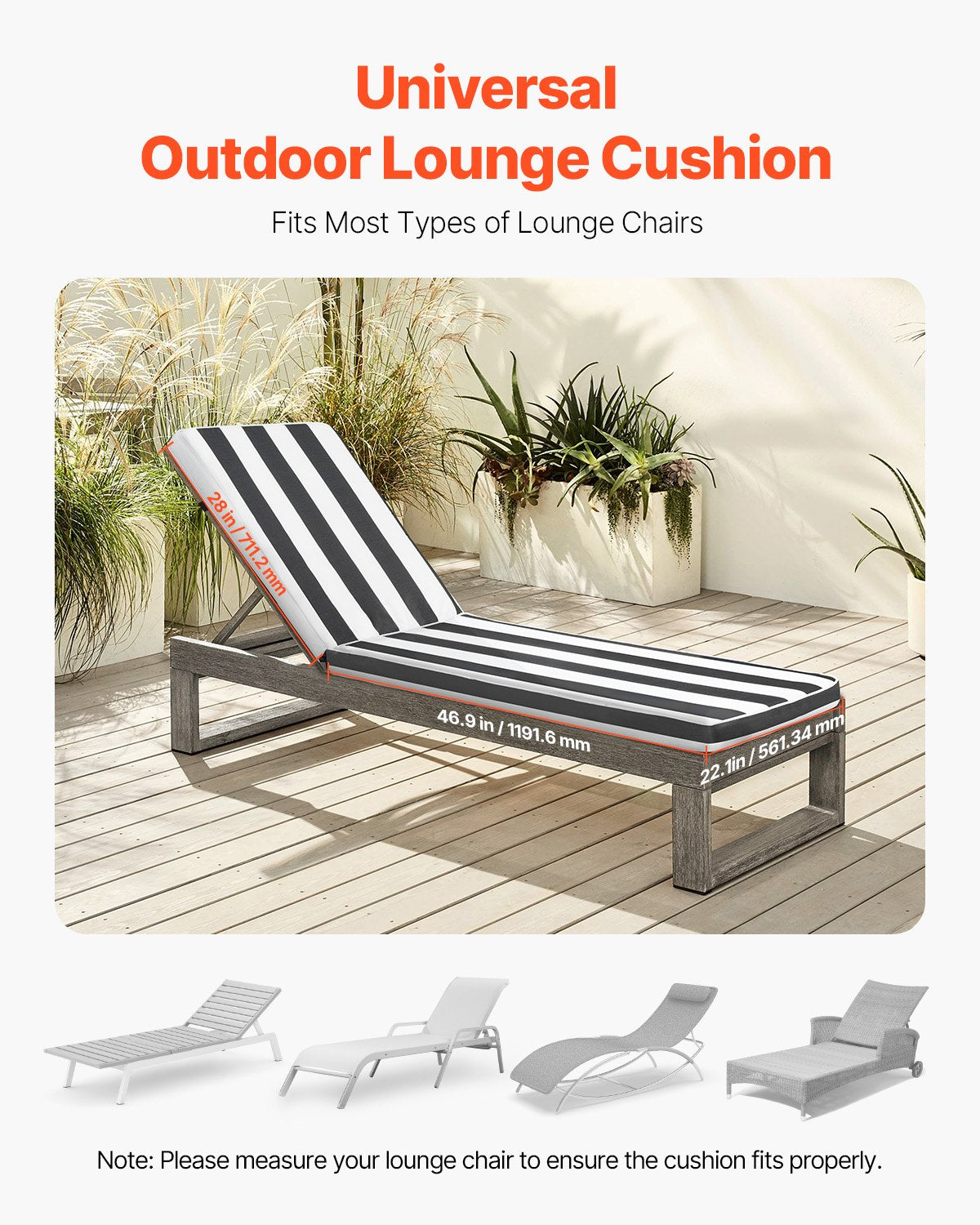 Liegestuhlkissen, 89 x 56 x 71 cm, 2er-Set, wasserfest und farbecht, mit Befestigungsbändern, für Terrassen und Pooldecks, schwarz-weiß gestreift