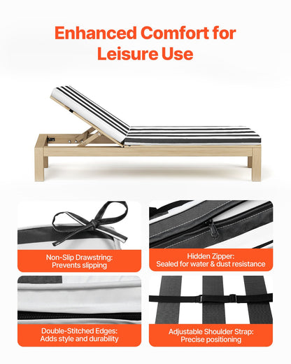 Liegestuhlkissen, 89 x 56 x 71 cm, 2er-Set, wasserfest und farbecht, mit Befestigungsbändern, für Terrassen und Pooldecks, schwarz-weiß gestreift