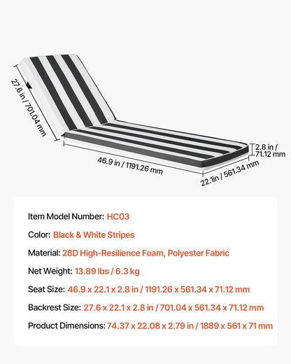 Liegestuhlkissen, 89 x 56 x 71 cm, 2er-Set, wasserfest und farbecht, mit Befestigungsbändern, für Terrassen und Pooldecks, schwarz-weiß gestreift