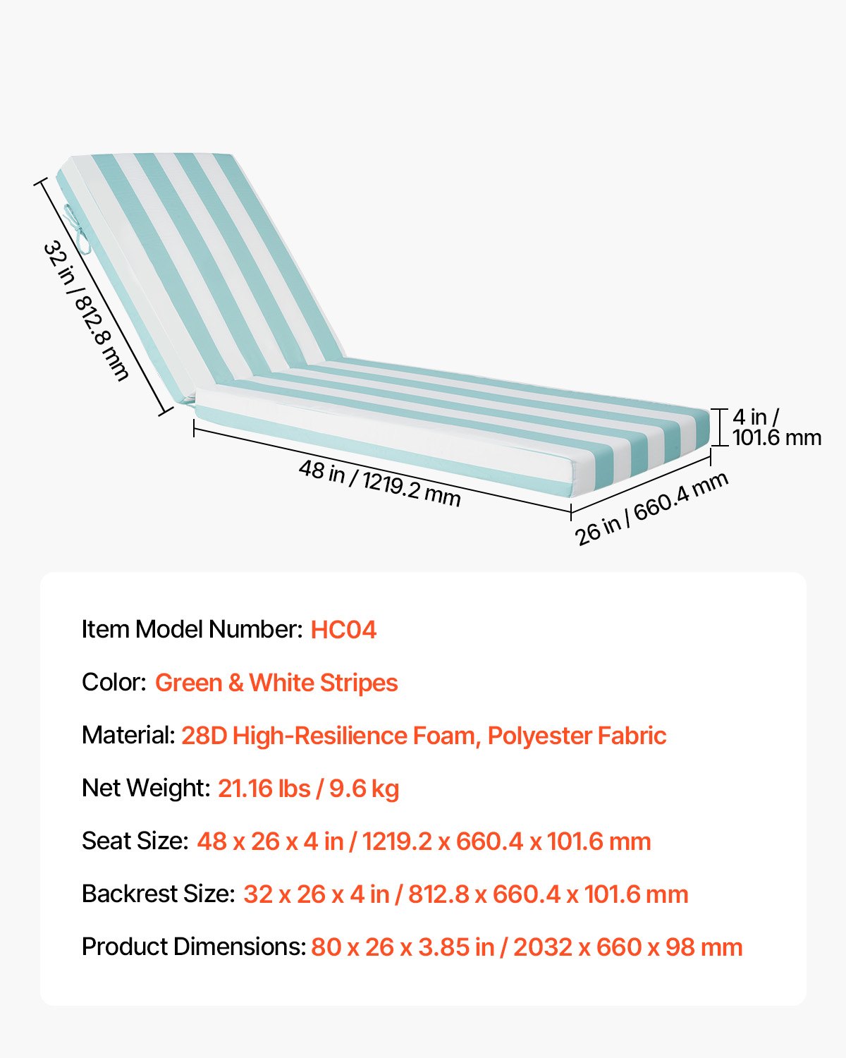 Liegestuhlkissen, 203 x 66 x 9,8 cm, 2er-Set, wasserfest und farbecht, mit Befestigungsbändern, für Terrasse und Poolbereich, grün-weiß gestreift