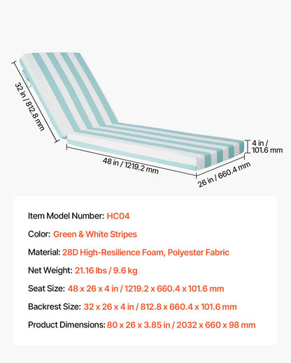 Liegestuhlkissen, 203 x 66 x 9,8 cm, 2er-Set, wasserfest und farbecht, mit Befestigungsbändern, für Terrasse und Poolbereich, grün-weiß gestreift