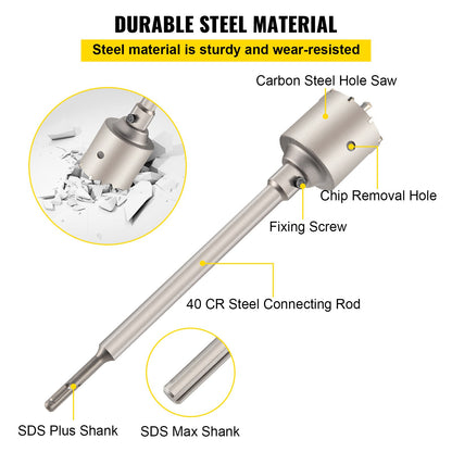 Concrete Hole Saw Kit, 30/40/65/80/100mm Drill Bit Set SDS Plus or SDS Max Shank Wall Hole Cutter with 11.8"/300 mm Connecting Rod for Brick, Concrete, Cement, Stone Wall, Masonry, Tile