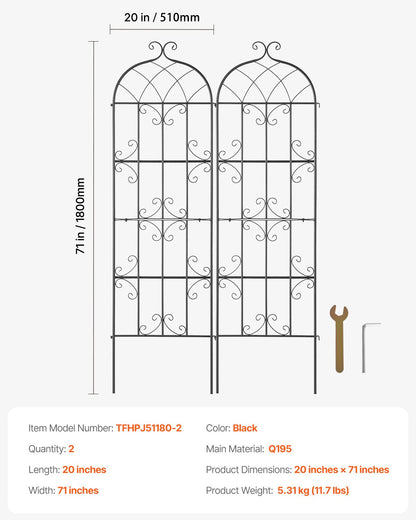 Garden Trellis for Climbing Plants, 71 x 20 in, 2 Packs Rustproof Metal Garden Flower Trellis, Outdoor Climbing Rose Trellis Cucumbers Support, Decorative Clematis Trellis for Courtyards Lawns