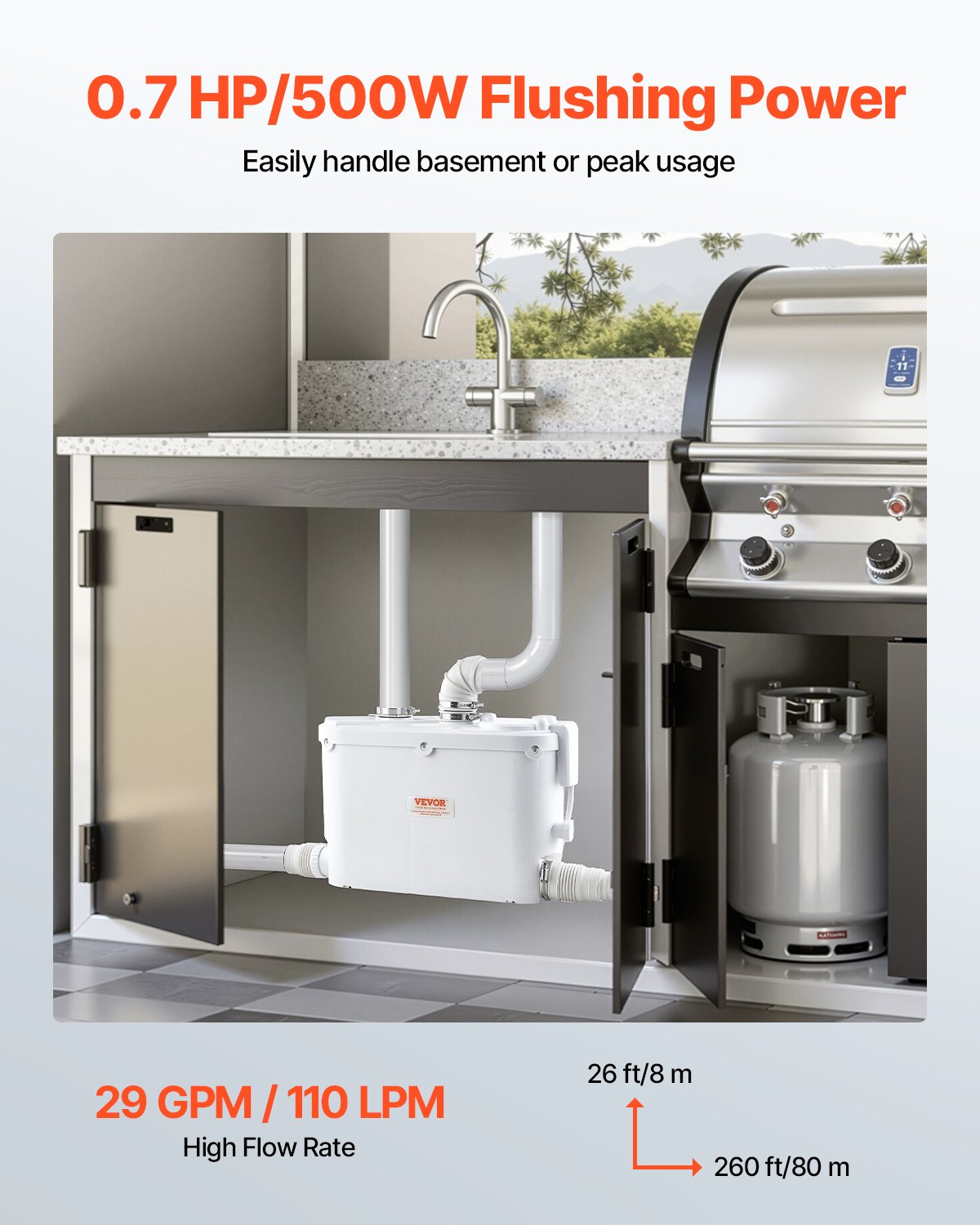 Macerator Pump, 500W, 110 L/min(29 GPM) Flow, 26 ft/8 m Head, Macerator Sewerage Toilet Pump with 4 Water Inlets, Waste Water Disposal Upflush Machine for Kitchen, Basement, Shower, Sink, Laundry, Bathtub