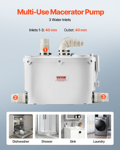 Macerator Pump, 500W, 110 L/min(29 GPM) Flow, 26 ft/8 m Head, Macerator Sewerage Toilet Pump with 4 Water Inlets, Waste Water Disposal Upflush Machine for Kitchen, Basement, Shower, Sink, Laundry, Bathtub