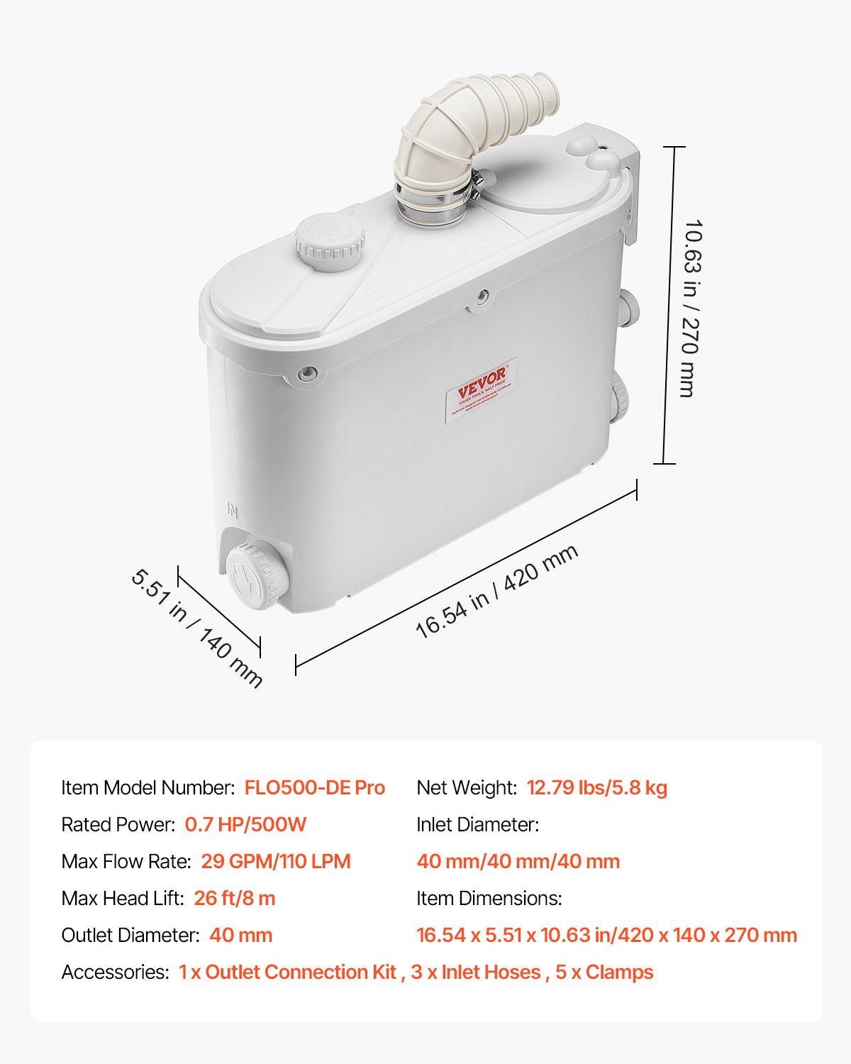 Macerator Pump, 500W, 110 L/min(29 GPM) Flow, 26 ft/8 m Head, Macerator Sewerage Toilet Pump with 4 Water Inlets, Waste Water Disposal Upflush Machine for Kitchen, Basement, Shower, Sink, Laundry, Bathtub