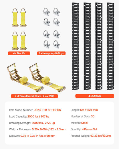 E Track Tie-Down Rail Kit, 18PCS 5' E-Tracks Set Includes 4 Steel Rails & 8 O-Ring Anchors & 4 Tie-Offs with D-Ring & 2 Ratchet Straps, Securing Accessories for Cargo Motorcycles Bikes, 2000 lbs