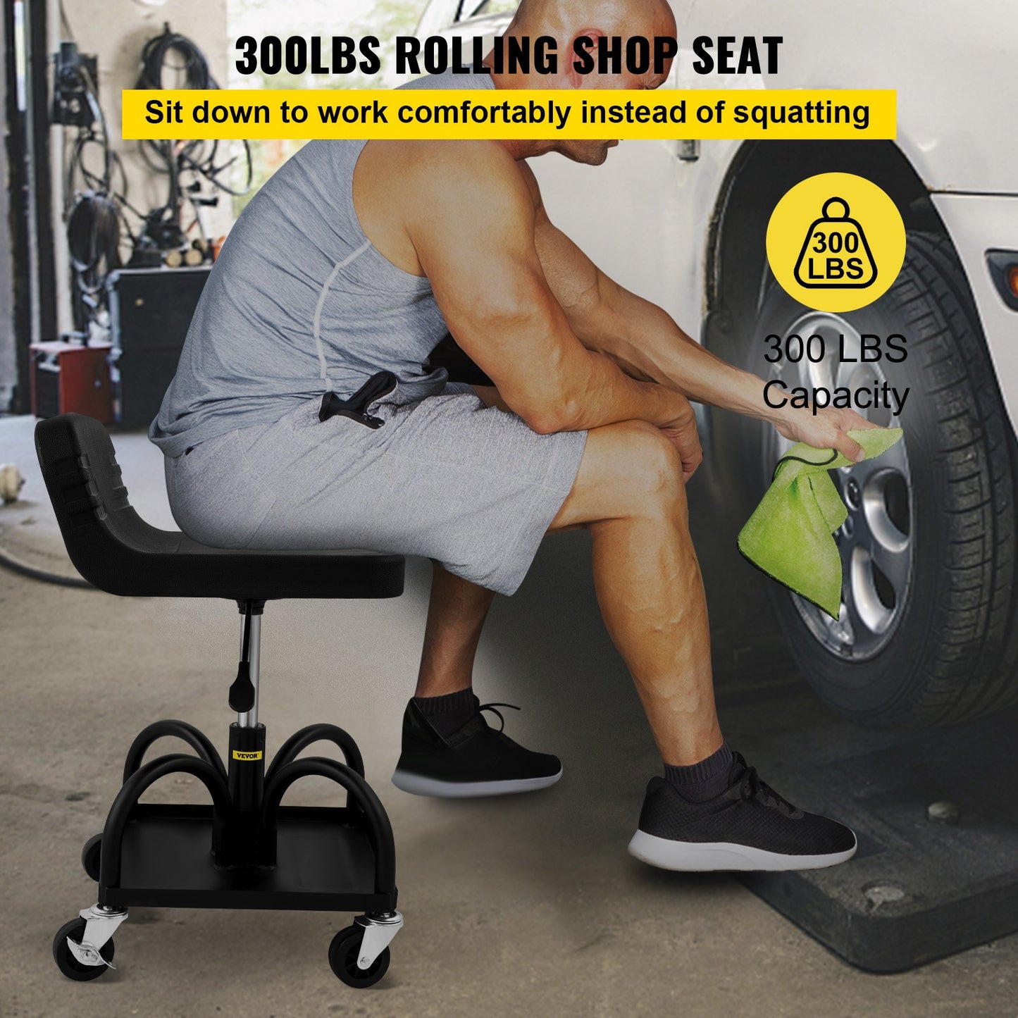 Rolling Garage Stool, 300LBS/136 kg Capacity, Adjustable Height from 15.7 in/40 cm to 20.5 in/52.1 cm, Mechanic Seat with 360-degree Swivel Wheels and Tool Tray, for Workshop, Auto Repair Shop, Black