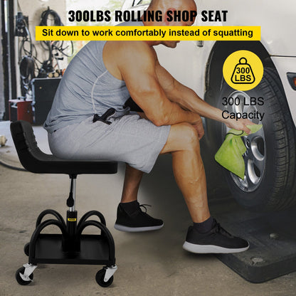 Rolling Garage Stool, 300LBS/136 kg Capacity, Adjustable Height from 15.7 in/40 cm to 20.5 in/52.1 cm, Mechanic Seat with 360-degree Swivel Wheels and Tool Tray, for Workshop, Auto Repair Shop, Black