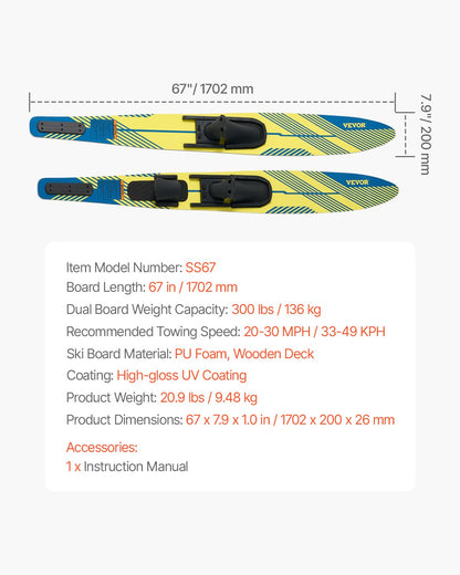 Water Skis 170.2 cm / 67 inch, Water Ski with X-9 Adjustable Horseshoe Bindings & Padded Rear Toe Plate, High-gloss UV Coating Waterskis Combo for Adults Up to 136 kg