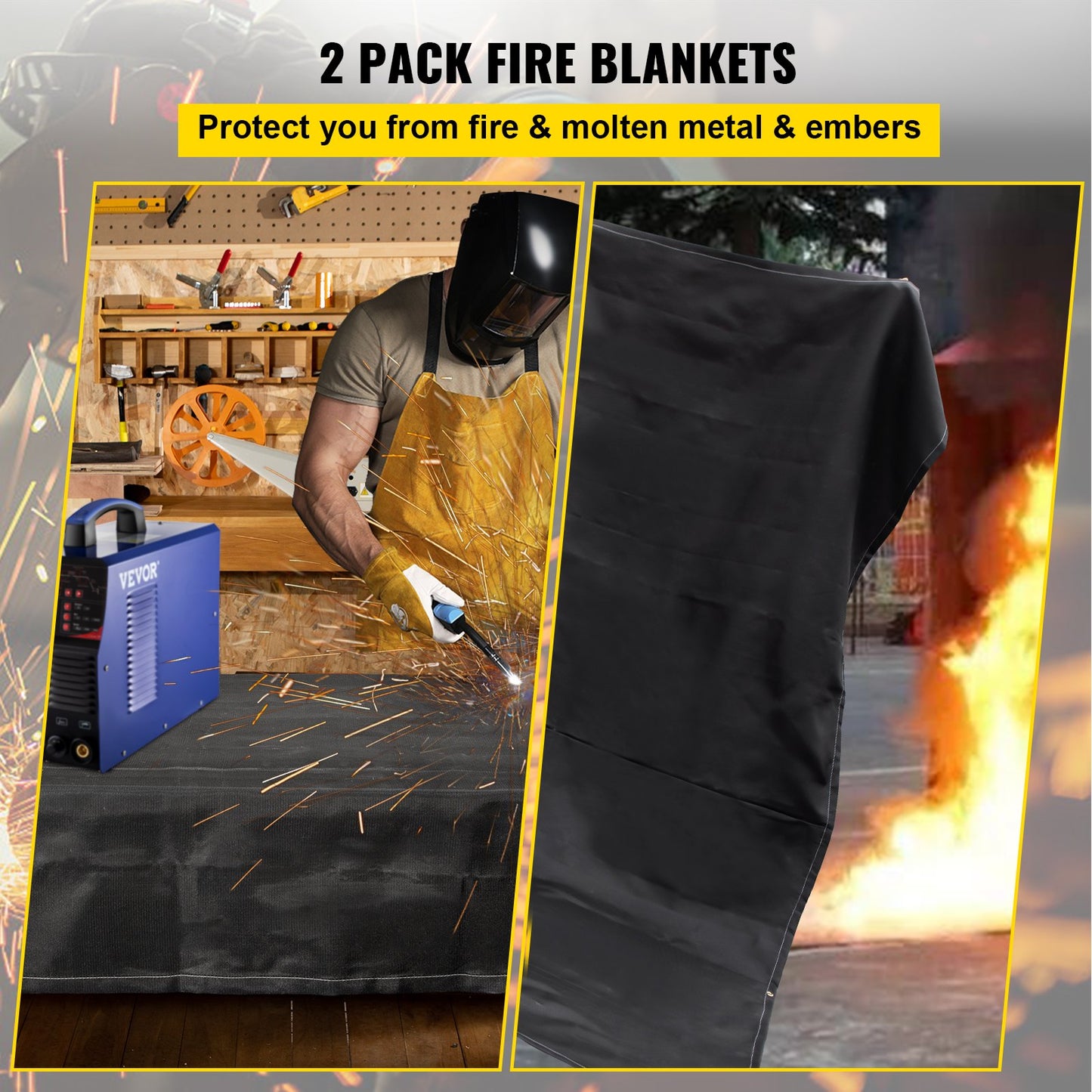 Fire Blankets, 2 Pack Welding Blankets, 6\' x 10\' Fire Suppression Blanket, 1022 °F Flame Retardant Blanket, Black Fire Emergency Blankets, Fiberglass Fire Retardant Blanket with 8 Brass Gromme