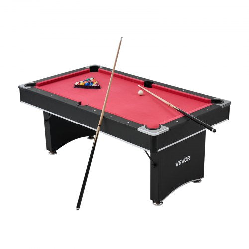 Pool Table, 183cm Portable Billiards Tables, Adjustable Feet Stable Game Table, Entertainment Set Includes Ball, Cue, Rack, Chalk and Brush, Black with Red Cloth, for Family Use, Recreation Room
