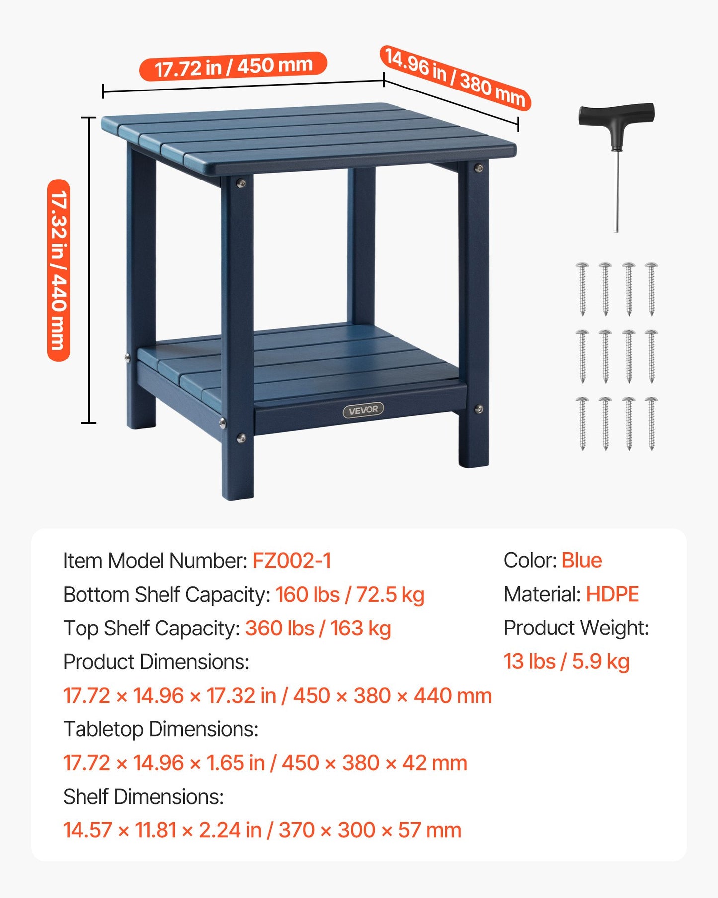 Beistelltisch für den Außenbereich, 450 x 380 x 440 mm (B x T x H), doppelwandiger HDPE-Tisch für einfache Pflege, wetterfest, geeignet für Terrasse, Pool, Strand, Veranda, Innenbereich, Garten, Blau
