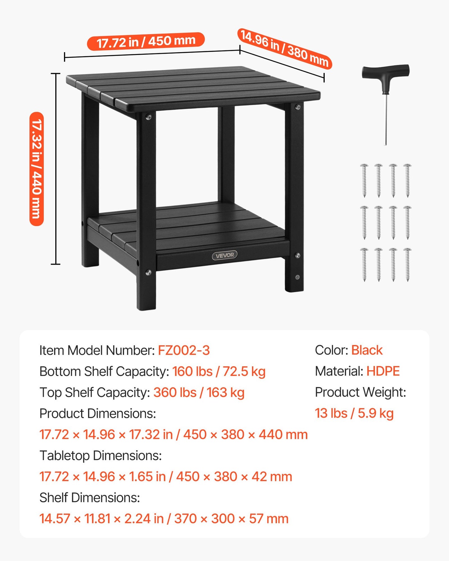Beistelltisch für den Außenbereich, 450 x 380 x 440 mm (B x T x H), doppelwandiger HDPE-Tisch für einfache Pflege, witterungsbeständig, geeignet für Terrasse, Pool, Strand, Veranda, Innenbereich, Garten, Schwarz