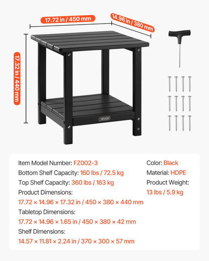 Beistelltisch für den Außenbereich, 450 x 380 x 440 mm (B x T x H), doppelwandiger HDPE-Tisch für einfache Pflege, witterungsbeständig, geeignet für Terrasse, Pool, Strand, Veranda, Innenbereich, Garten, Schwarz