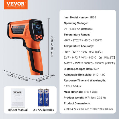 Infrared Thermometer, -40~2732°F Dual Laser Temperature Gun Non-Contact, Handheld IR Heat Temperature Gun with Adjustable Emissivity for Metal Smelting/Cooking/Pizza Oven/Engine(Not for Human)