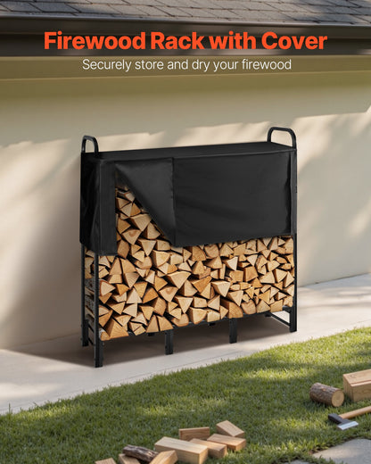 Firewood Rack with Waterproof Cover, 1.22m Outdoor Firewood Holder, 1/4 Cord Storage Metal Log Holder, 400lb Max Weight Capacity, Top Covered, Powder-Coated Wood Storage Rack for Fireplace Deck