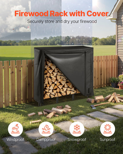 Firewood Rack with Waterproof Cover, 1.22m Outdoor Firewood Holder, 1/4 Cord Storage Metal Log Holder, 400lb Max Weight Capacity, Full Covered, Powder-Coated Wood Storage Rack for Fireplace Deck