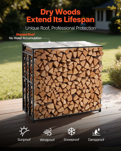 Firewood Rack with Sloped Roof, 143cm Outdoor Firewood Holder, 1/4 Cord Log Storage Shed, 299kg Max Weight Capacity, Powder-Coated Metal Wood Storage Rack for Fireplace Deck Backyard Garden