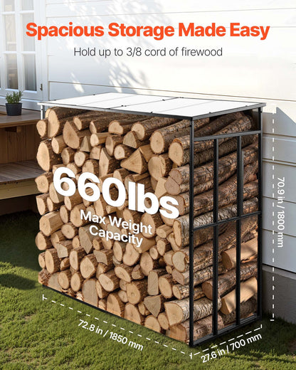 Brennholzregal mit Schrägdach, 1,85 m, für den Außenbereich, 1/4 Raummeter Brennholzlager, max. Tragkraft 299 kg, pulverbeschichtetes Metall-Brennholzregal für Kamin, Terrasse, Garten