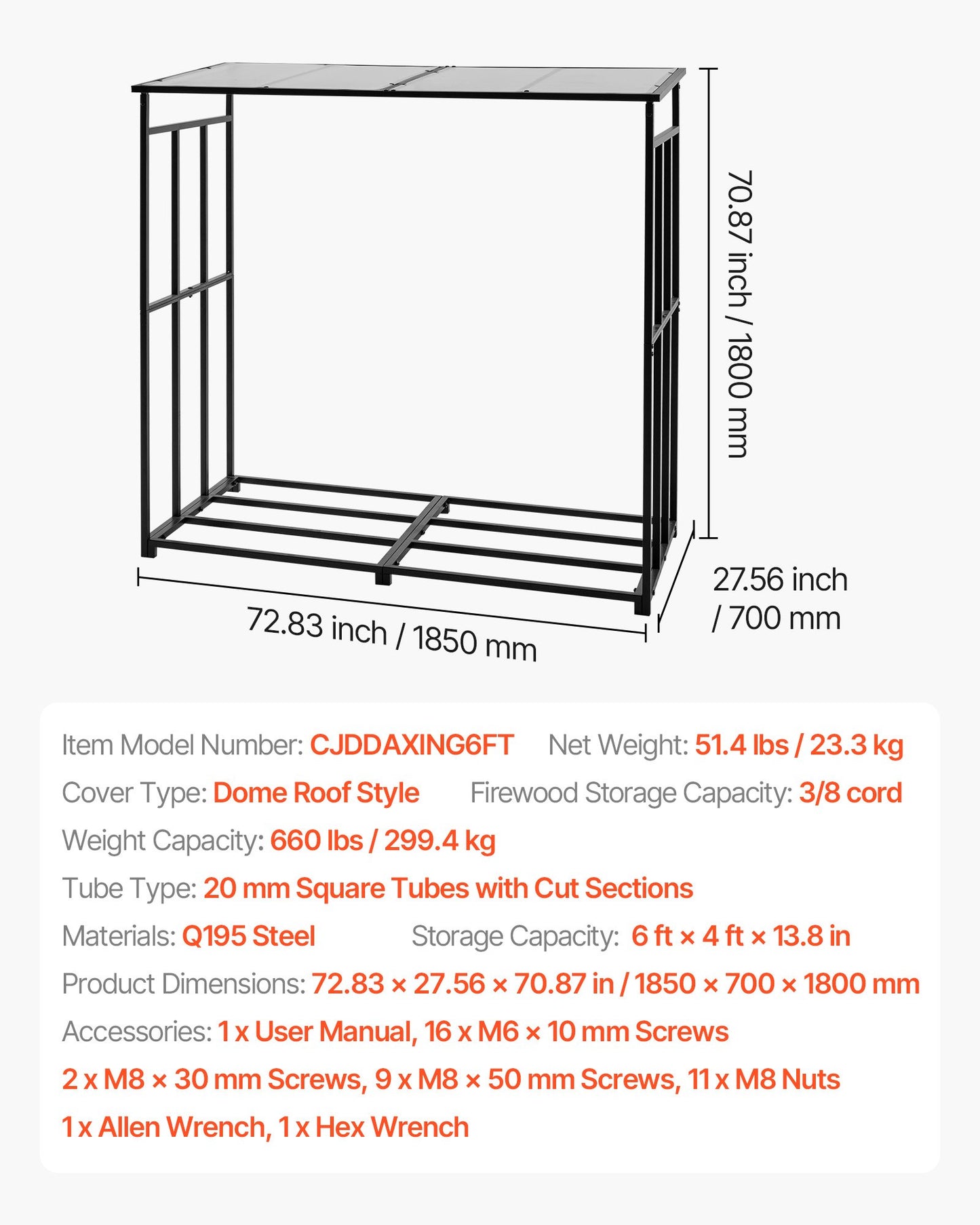 Brennholzregal mit Schrägdach, 1,85 m, für den Außenbereich, 1/4 Raummeter Brennholzlager, max. Tragkraft 299 kg, pulverbeschichtetes Metall-Brennholzregal für Kamin, Terrasse, Garten