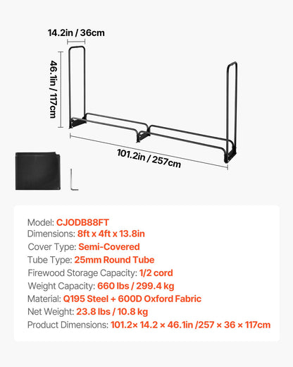 Brennholzregal mit wasserdichter Abdeckung, 2,57 m langer Brennholzhalter für den Außenbereich, geeignet für 1/2 Raummeter Holz, max. Tragkraft 299 kg, pulverbeschichtetes Holzregal mit Deckel für Kaminterrasse