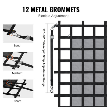 Ladungsnetz, 183 x 145 cm, robustes LKW-Ladungsnetz für Ladeflächen, 4 verstellbare Gurte mit Karabinern und S-Haken, verschleißfest und wetterfest, geeignet für Pickups, LKWs, Jeeps, SUVs und Boote