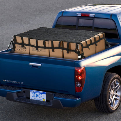 Ladungsnetz, 183 x 145 cm, robustes LKW-Ladungsnetz für Ladeflächen, 4 verstellbare Gurte mit Karabinern und S-Haken, verschleißfest und wetterfest, geeignet für Pickups, LKWs, Jeeps, SUVs und Boote