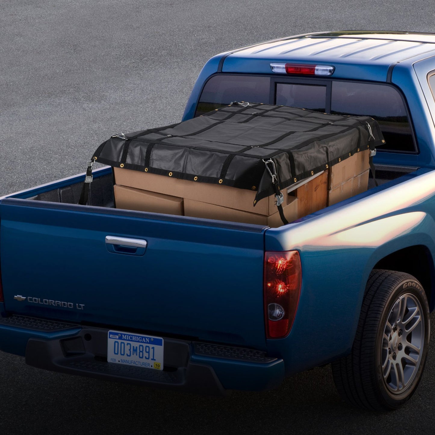 Cargo Net, 72 in x 57 in, Heavy Duty Truck Cargo Net for Truck Bed, 4 Adjustable Straps with Carabiners and Rubber Coated Hooks, Durable, Suitable for Pickup, Jeep, Truck, SUV, Boat (Black)