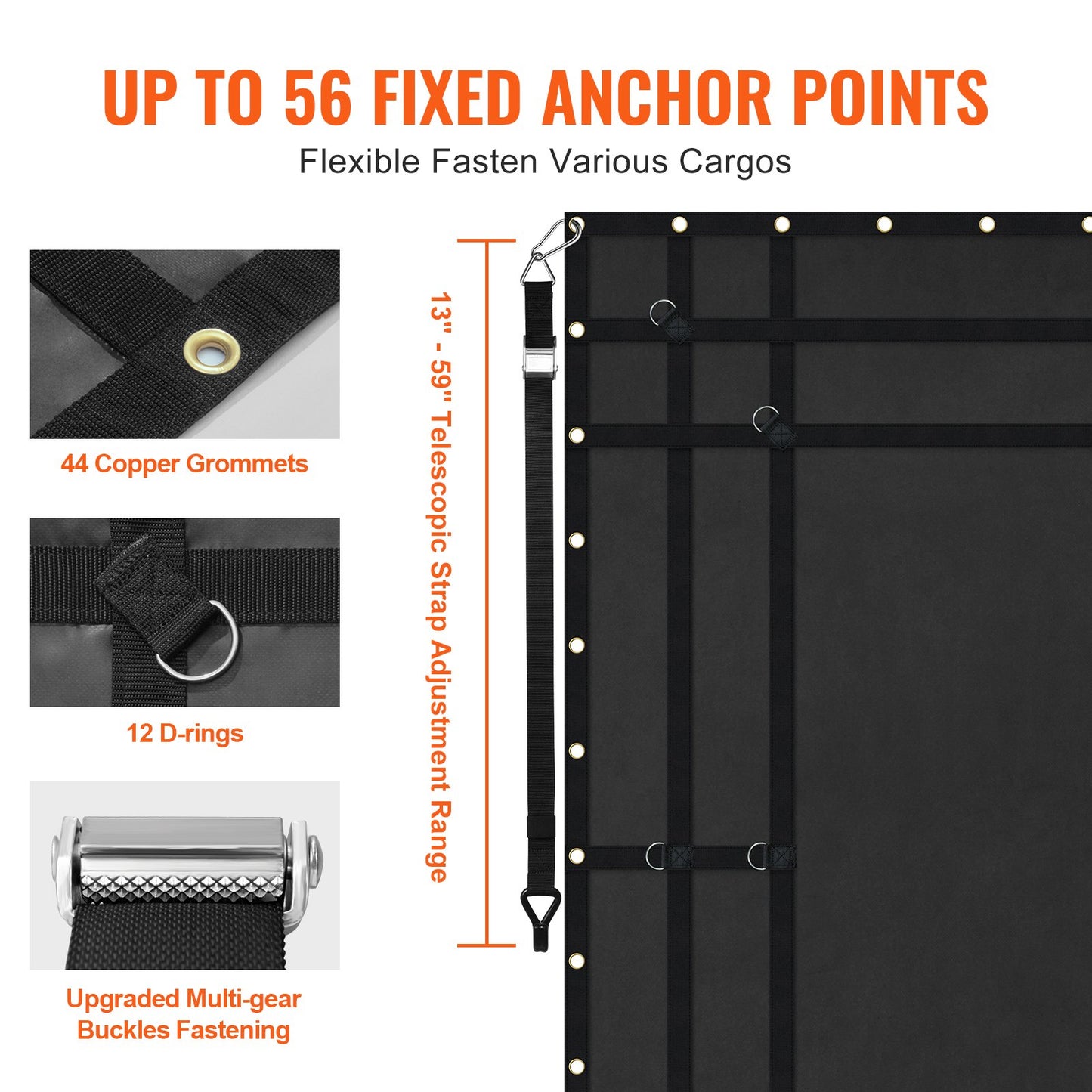 Ladungsnetz, 244 cm x 206 cm, robustes LKW-Ladungsnetz für Ladeflächen, 4 verstellbare Gurte mit Karabinern und gummierten Haken, langlebig, geeignet für Pickups, Jeeps, LKWs, SUVs, Boote (Schwarz)