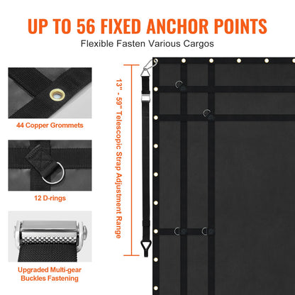 Ladungsnetz, 244 cm x 206 cm, robustes LKW-Ladungsnetz für Ladeflächen, 4 verstellbare Gurte mit Karabinern und gummierten Haken, langlebig, geeignet für Pickups, Jeeps, LKWs, SUVs, Boote (Schwarz)