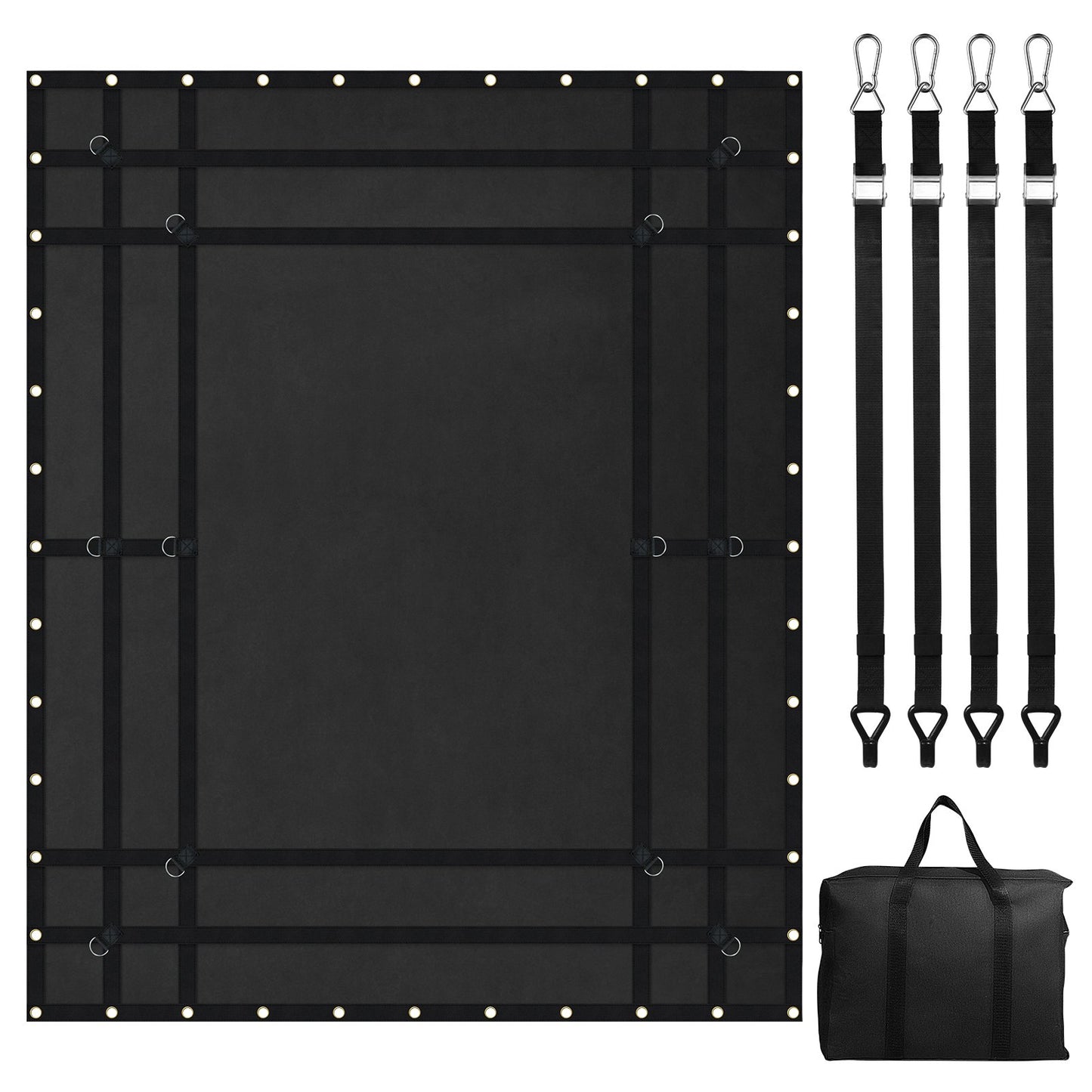 Ladungsnetz, 244 cm x 206 cm, robustes LKW-Ladungsnetz für Ladeflächen, 4 verstellbare Gurte mit Karabinern und gummierten Haken, langlebig, geeignet für Pickups, Jeeps, LKWs, SUVs, Boote (Schwarz)