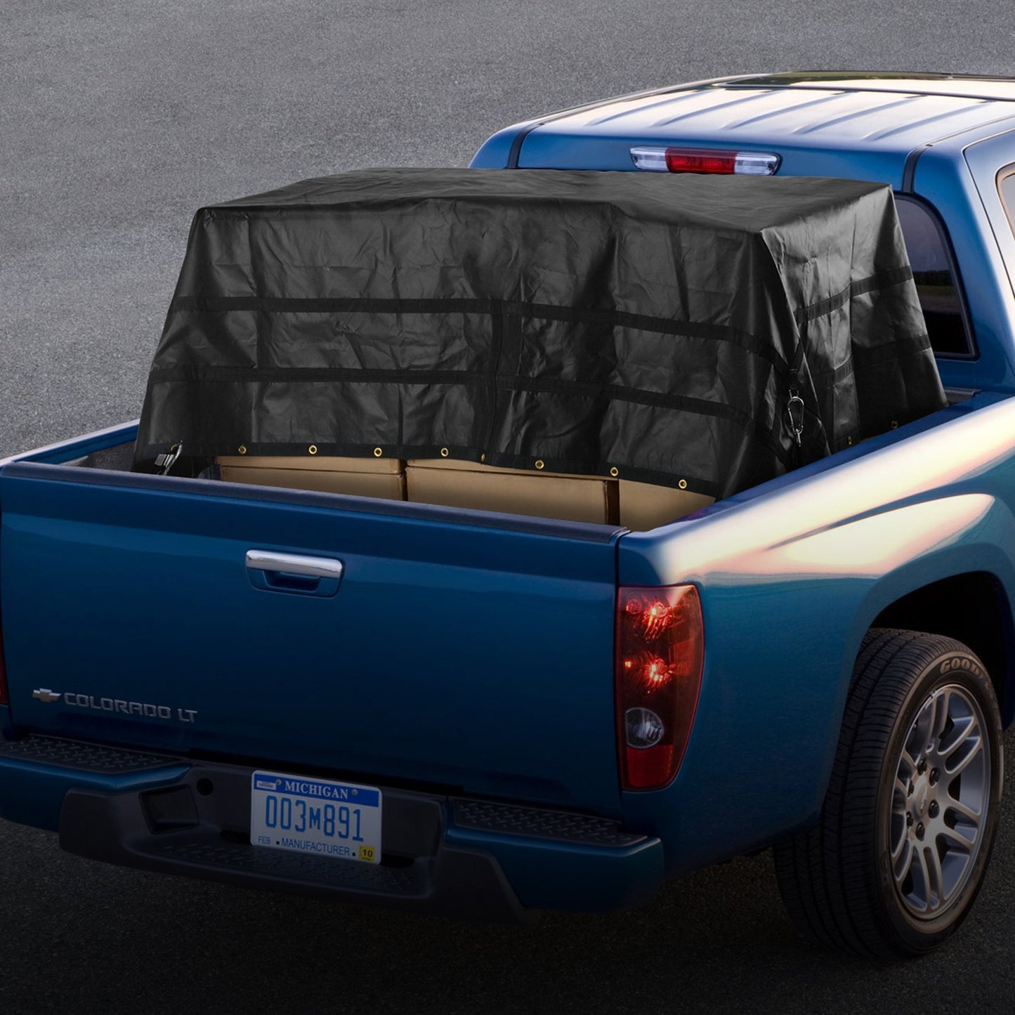 Cargo Net, 120 in x 105 in, Heavy Duty Truck Cargo Net for Truck Bed, 4 Adjustable Straps with Carabiners and Rubber Coated Hooks, Durable, Suitable for Pickup, Jeep, Truck, SUV, Boat (Black)