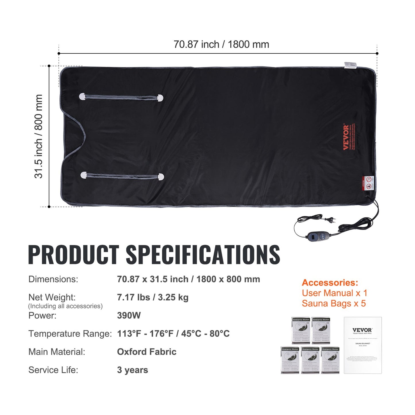 Saunadecke mit Infrarotheizung und Armlöchern für Detox, Oxford-Stil, 180 x 79 cm