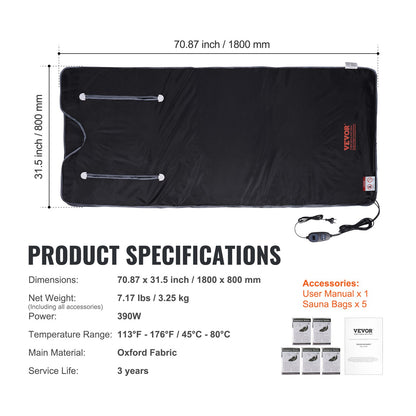 Saunadecke mit Infrarotheizung und Armlöchern für Detox, Oxford-Stil, 180 x 79 cm