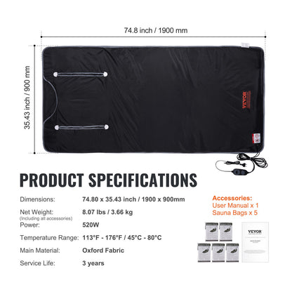 Saunadecke mit Ferninfrarotheizung und Armlöchern für Detox, Oxford-Stil, 190 x 89 cm