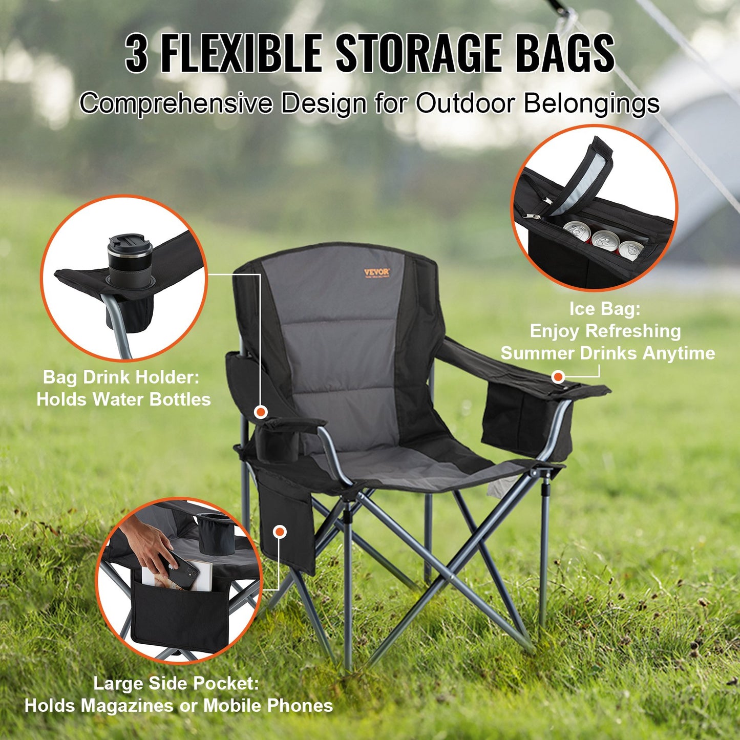Camping Folding Chair for Adults, Portable Heavy Duty Outdoor Quad Lumbar Back Padded Arm Chairs with Side Pockets, Cup Holder and Cooler Bag for Beach, Lawn, Picnic, Fishing, Backpacking, Black