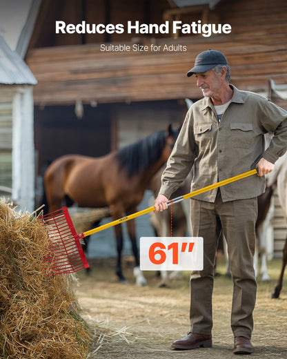 Manure Fork, 18 Angled Tines, Horse Manure Rake with Long Fiberglass Handle, 61 in Durable Plastic Pitchfork Muck Rake Tool for Gardening Horse Stall Stable Grass Hay Cleaning Farm Work