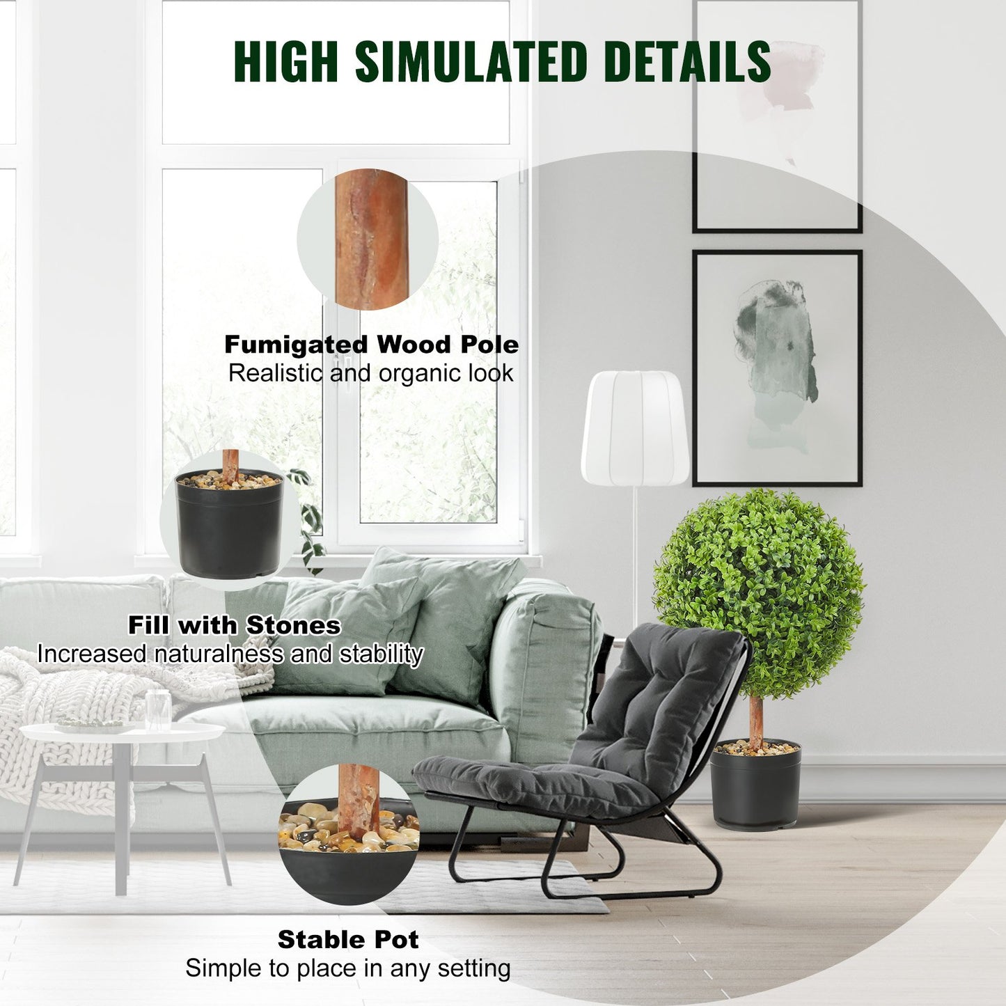 Artificial Topiaries Boxwood Trees, 24 inch Tall (2 Pieces), Ball-Shape Faux Topiaries Plant with Planters, Green Feaux Plant w/ Replaceable Leaves & Port for Decorative Indoor/Outdoor/Garden