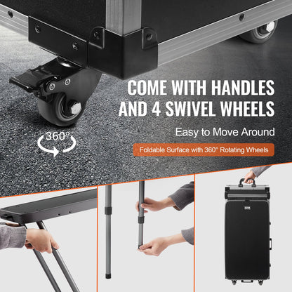 Professional Makeup Train Case Aluminum Cosmetic Case, Workbench With Supporting Legs, Rolling Makeup Case Extra Large Trolley Makeup Travel Organizer, with 360° Swivel Wheels, Black