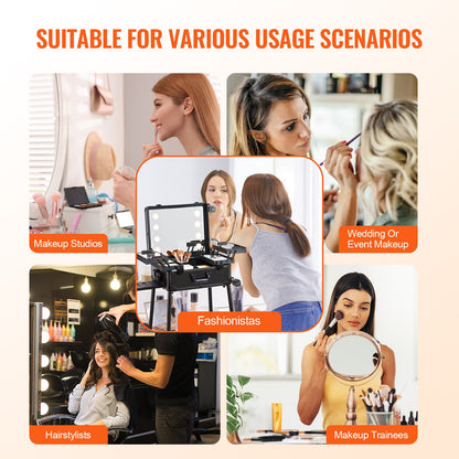 Makeup Train Case with Lock, Lighted Mirror, 4 Storage Trays, Brush Holder, Travel Cosmetic Organizer Box w/ Swivel Wheels, Professional Artist Trolley Studio Free Standing Case