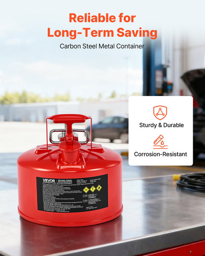 Safety Gas Can, 9.5 L Type II Red Safety Can for Gasoline with Stainless Steel Flame Arrester, Self-Closing Lid, and Flexible Metal Spout, Carbon Steel Flammable Storage with Ergonomic Handle