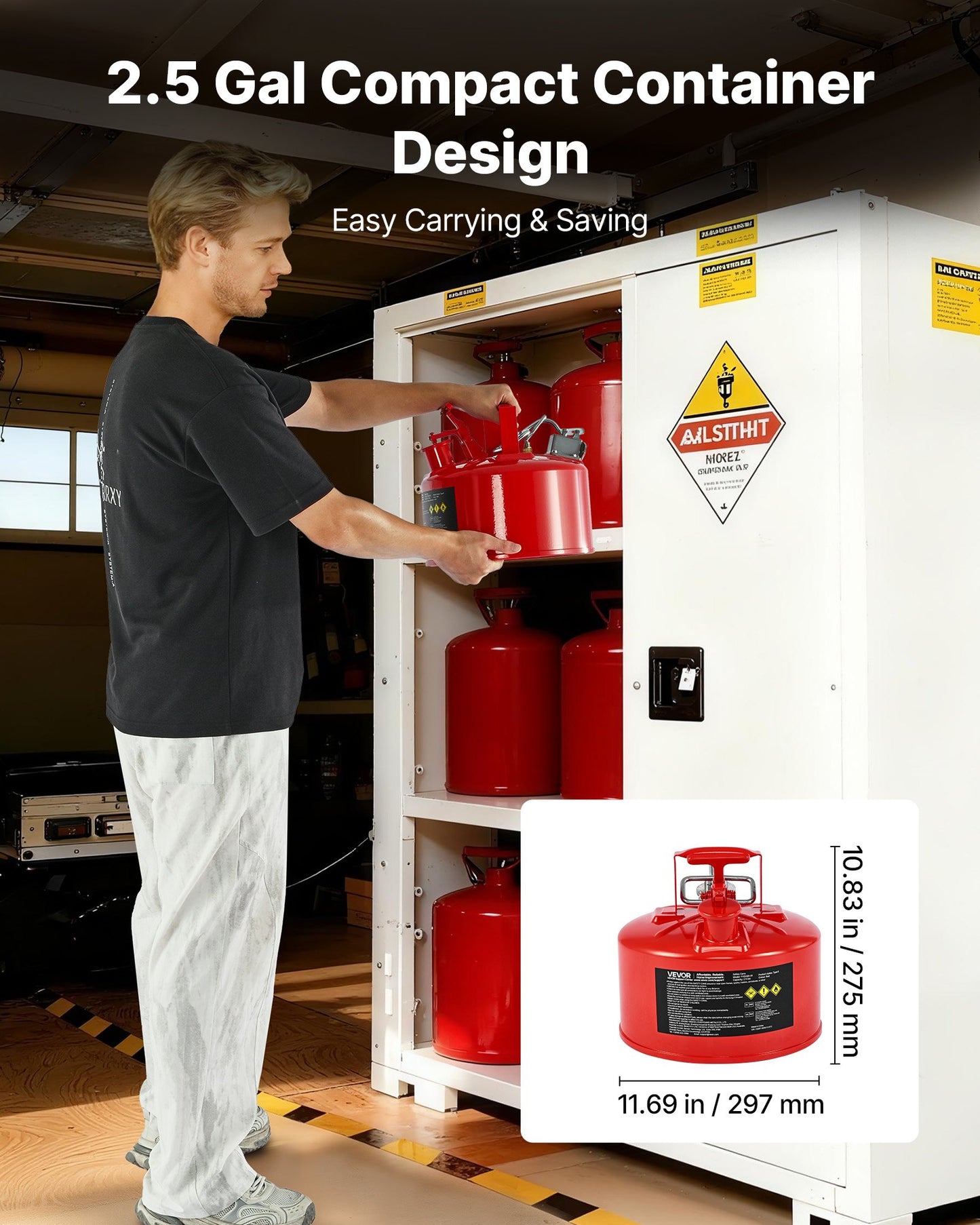 Safety Gas Can, 9.5 L Type II Red Safety Can for Gasoline with Stainless Steel Flame Arrester, Self-Closing Lid, and Flexible Metal Spout, Carbon Steel Flammable Storage with Ergonomic Handle