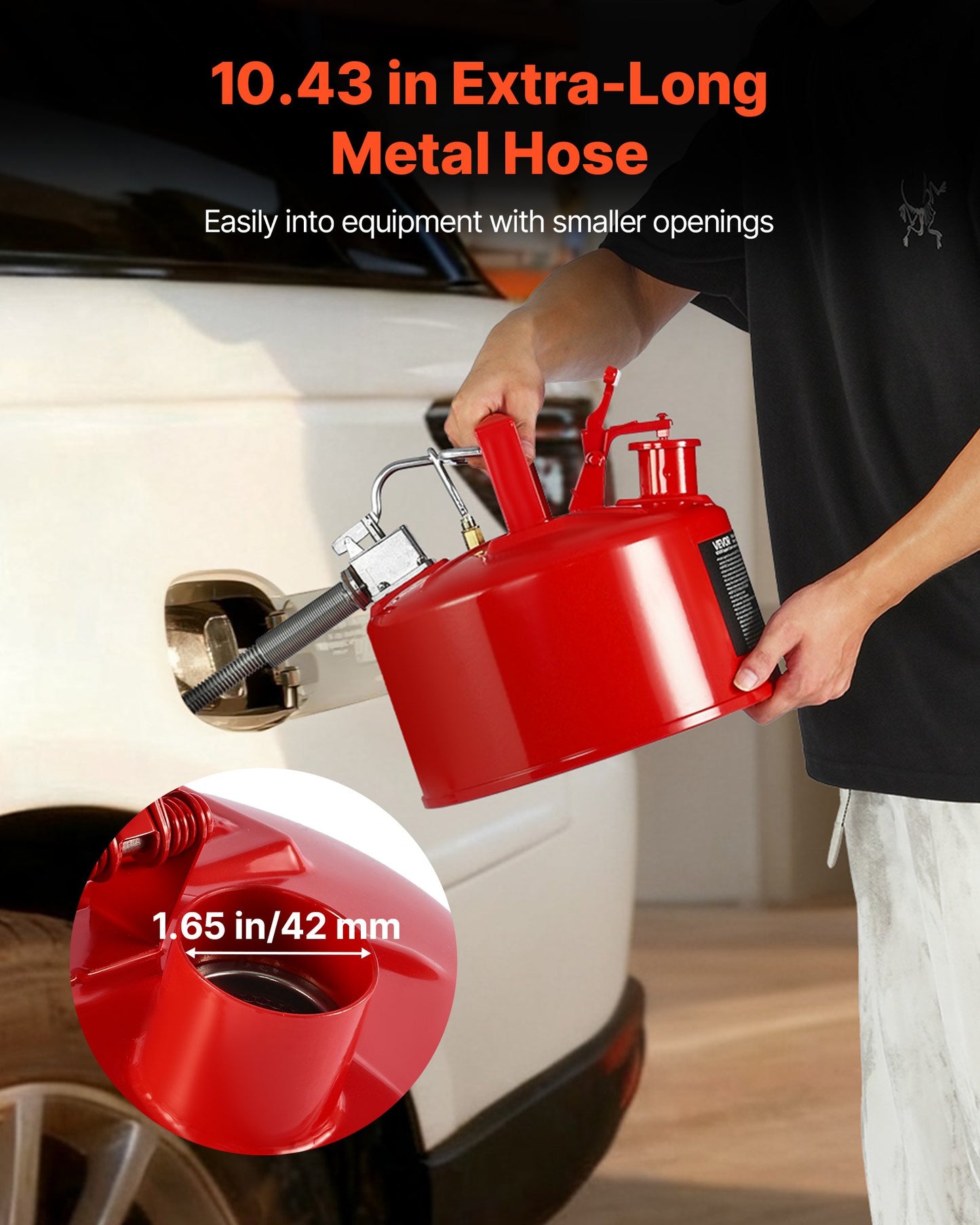 Safety Gas Can, 9.5 L Type II Red Safety Can for Gasoline with Stainless Steel Flame Arrester, Self-Closing Lid, and Flexible Metal Spout, Carbon Steel Flammable Storage with Ergonomic Handle