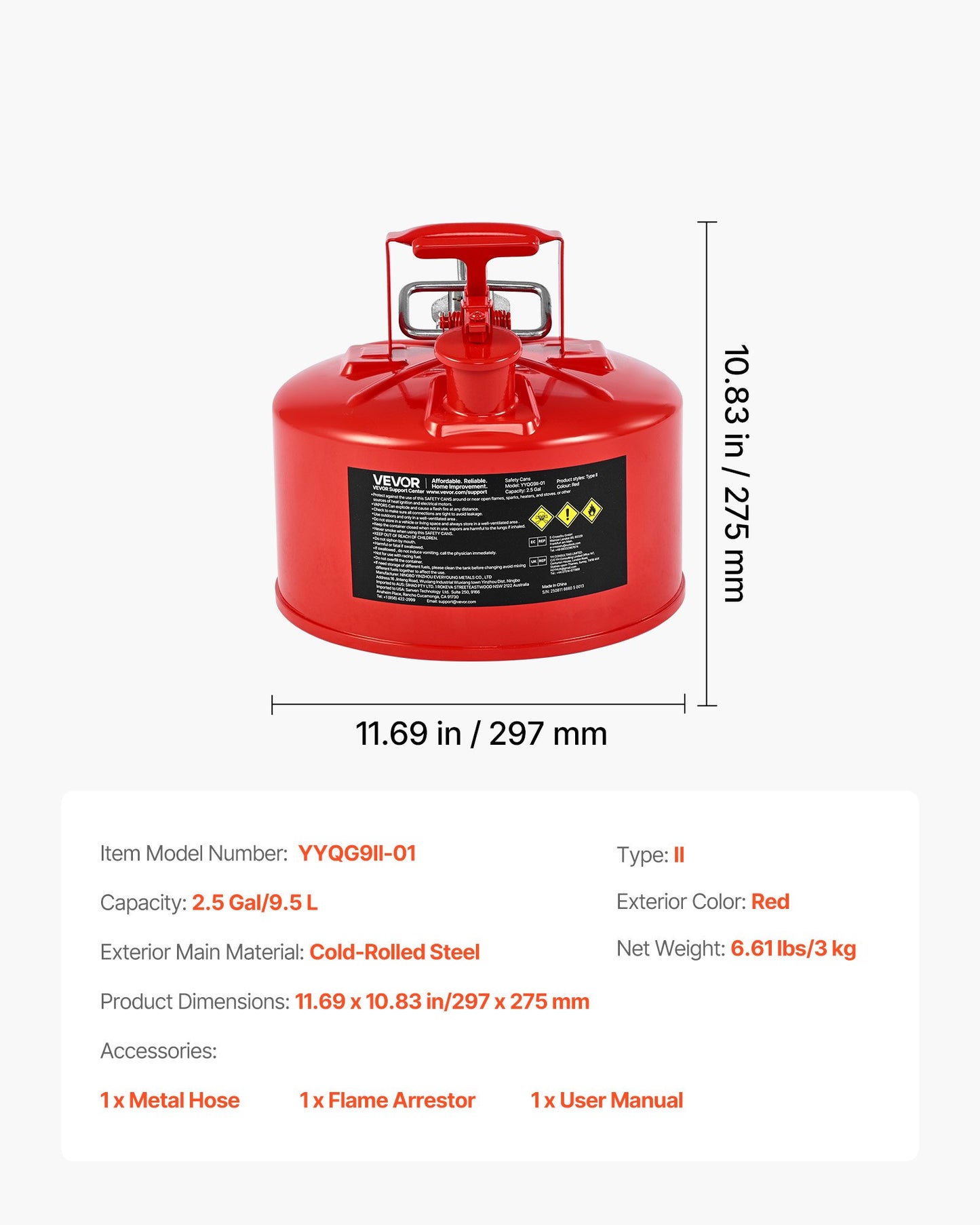 Safety Gas Can, 9.5 L Type II Red Safety Can for Gasoline with Stainless Steel Flame Arrester, Self-Closing Lid, and Flexible Metal Spout, Carbon Steel Flammable Storage with Ergonomic Handle