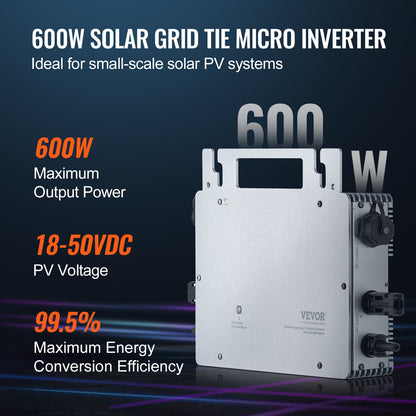 Solar Grid Tie Micro Inverter, 600W, Solar Micro Inverter, IP67 Waterproof Aluminum Alloy Solar Power Grid Tie Inverter DC18-50V Operating Voltage with APP Wifi Antenna Power Cord, for Solar Panel Systems