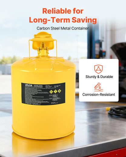 Safety Can, 19 L Type I Yellow Safety Can for Diesel with Stainless Steel Flame Arrester, Self-Closing Lid, and PE Funnel, Carbon Steel Flammable Fuel Storage Container with Ergonomic Handle