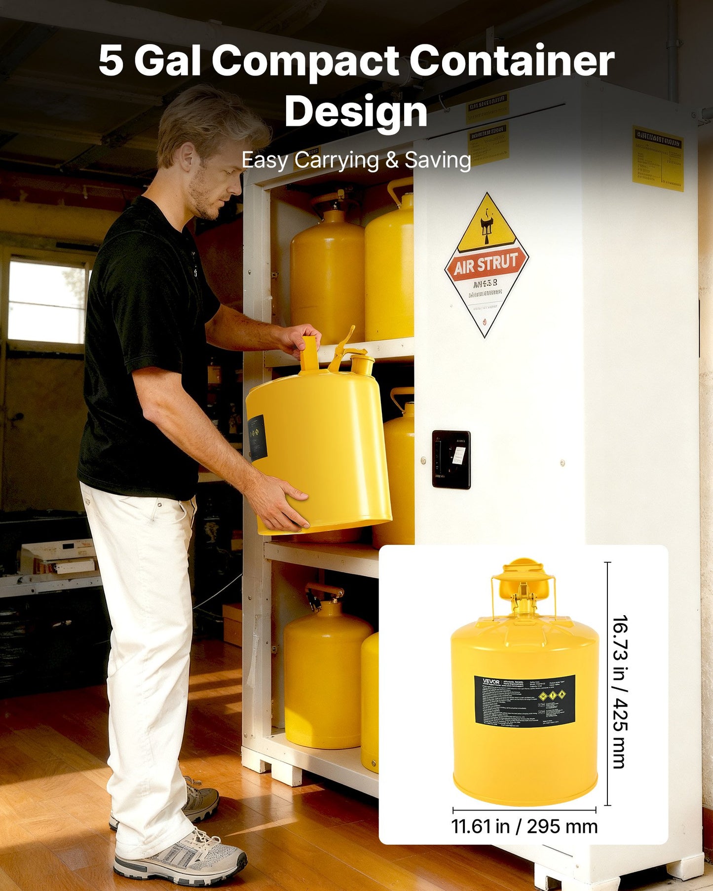 Safety Can, 19 L Type I Yellow Safety Can for Diesel with Stainless Steel Flame Arrester, Self-Closing Lid, and PE Funnel, Carbon Steel Flammable Fuel Storage Container with Ergonomic Handle